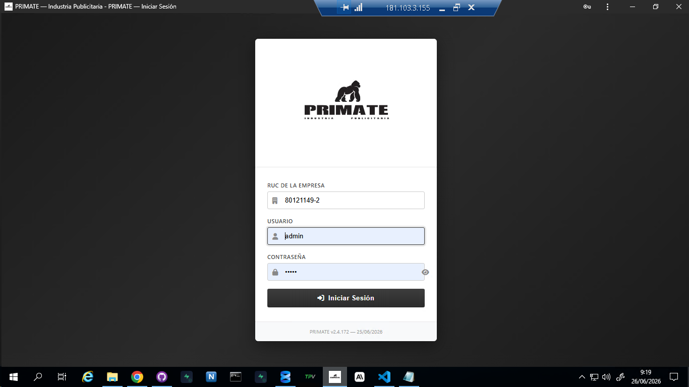 Pantalla de login de PRIMATE