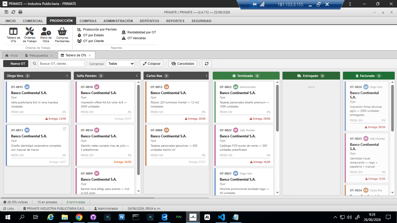 Tablero Kanban con columnas por empleado y por estado
