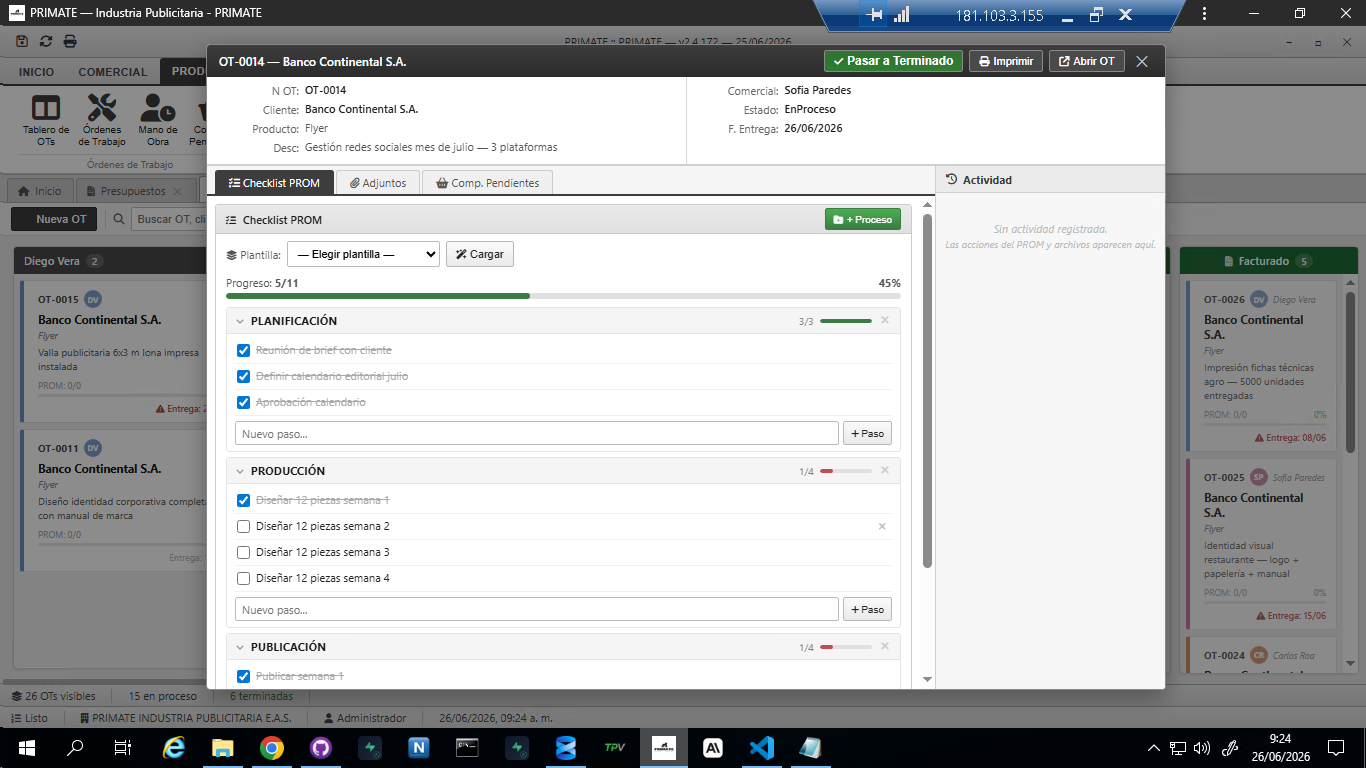 Modal de OT mostrando Checklist PROM con secciones y progreso