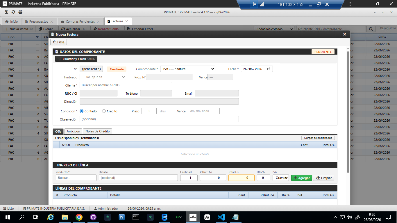 Formulario de nueva factura con tab OTs