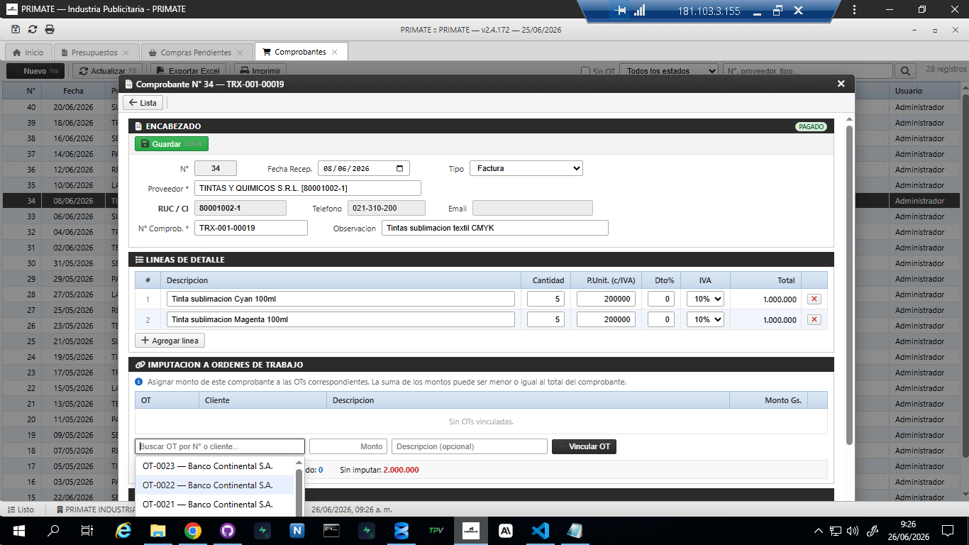 Comprobante de proveedor con seccion de imputacion a OTs