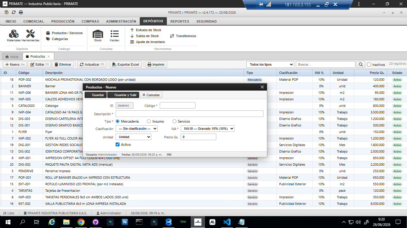 Formulario de nuevo producto en PRIMATE